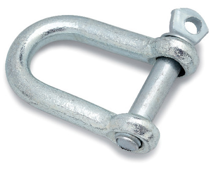 Metalliskt schackel med en U-form och avtagbar bult på en vit bakgrund.
