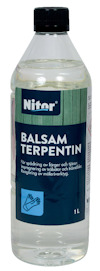 Flaska med etikett som visar "Nitor Balsamterpentin" och illustrationer för användning.
