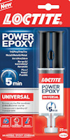 Förpackning med Loctite Power Epoxy Universal 5 min, 25 ml, med en spruta och röd-vit etikett. Text på flera språk.