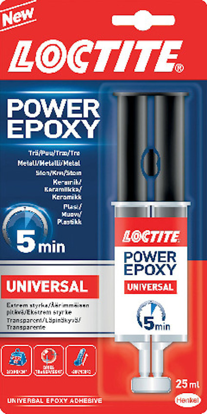 Förpackning med Loctite Power Epoxy Universal 5 min, 25 ml, med en spruta och röd-vit etikett. Text på flera språk.