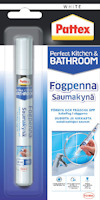 Förpackning med en vit Pattex fogpenna, instruktioner och illustrationer för användning på kakelfogar.