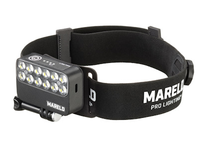 Pannlampa med justerbart band och flera LED-ljus. Texten "MARELD PRO LIGHTING" syns på bandet.