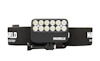 Svart pannlampa med nio LED-lampor och justerbar rem. Märkt med texten "Mareld".