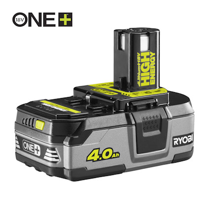 Ryobi 18V batteri med svart och grönt hölje, märkt "ONE+ 4.0Ah" och "HIGH ENERGY".