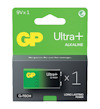 Förpackning med ett 9V GP Ultra+ alkalisk batteri, innehåller text som "Long Lasting Power" och "Go green. Re-use."