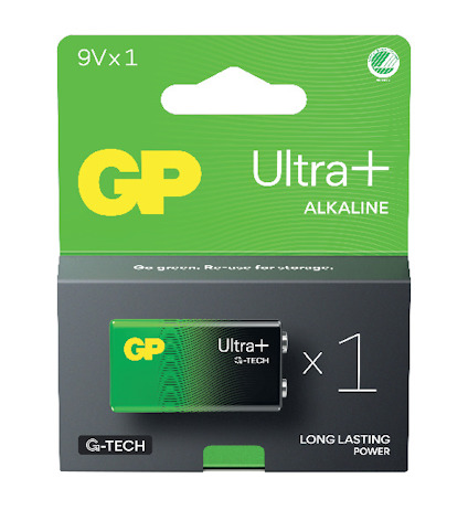Förpackning med ett 9V GP Ultra+ alkalisk batteri, innehåller text som "Long Lasting Power" och "Go green. Re-use."