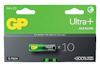 Förpackning med 10 GP Ultra+ alkaliska AA-batterier, grön och svart design med text "Ultra+" och "+200% more power".
