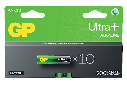 Förpackning med 10 GP Ultra+ alkaliska AA-batterier, grön och svart design med text "Ultra+" och "+200% more power".