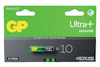 Förpackning med 10 GP Ultra+ AAA alkaline-batterier med grön och svart design.