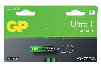 Förpackning med 10 GP Ultra+ AAA alkaline-batterier med grön och svart design.