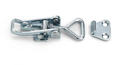 Excenterlås i metall med tillhörande fäste, båda med silverfärgad finish.