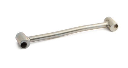 Metallstång med böjning i mitten och cylindriska fästen i ändarna.