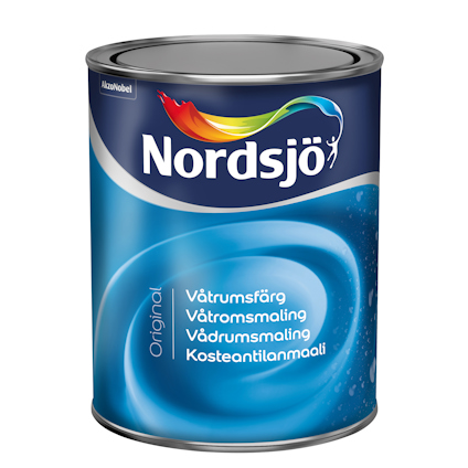 Blå burk med text "Nordsjö", "Våtrumsfärg" och fler språkversioner, samt ett flerfärgat penseldragsmotiv.