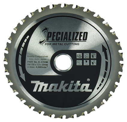 Cirkulär sågklinga med texten "Makita Specialized for Metal Cutting" och detaljer om tillverkning och modellnummer.