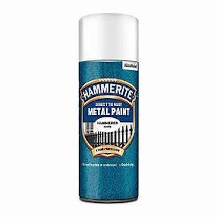 Sprayburk med Hammerite metallfärg och hammareffekt i vit nyans.