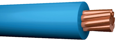 Blå elektrisk kabel med exponerad kopparledare i ena änden.