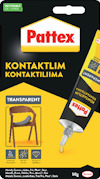 Förpackning av Pattex kontaktlim med text på flera språk och bild av en stol.
