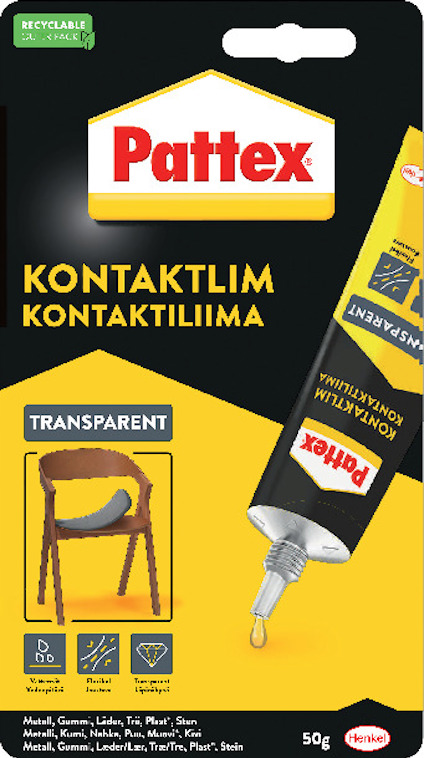 Förpackning av Pattex kontaktlim med text på flera språk och bild av en stol.