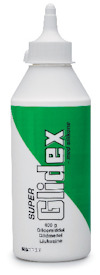 Vit flaska med grön etikett, texten "SUPER Glidex med silikon, 400 g, Glidemedel, Glidemiddel, Liukaste".
