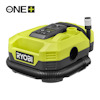 Grön och svart bärbar multikompressor av märket RYOBI. Har en display och anslutning för luftslang. Text "ONE+ 18V" syns i övre hörnet.