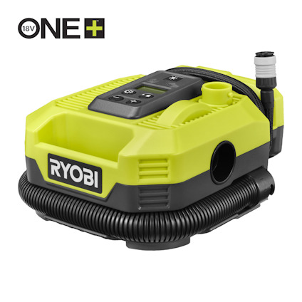 Grön och svart bärbar multikompressor av märket RYOBI. Har en display och anslutning för luftslang. Text "ONE+ 18V" syns i övre hörnet.