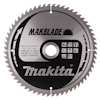 Cirkulär sågklinga med texten "MAKBLADE" och "Makita". Har många vassa tänder och är silverfärgad med svart centrum.