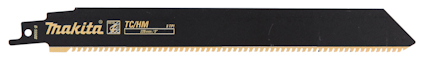 Svart tigersågblad med gul text "Makita TCHM" och tandad kant.