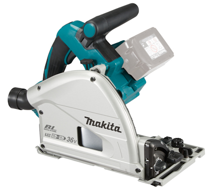 Makita sänksåg med blå och silverfärgat hölje, svart handtag och synlig batteriplats. Märkt med "Makita" och "BL motor".