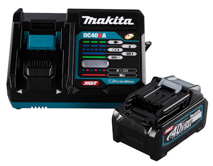 Makita laddare DC40RA och 40V 4,0Ah batteri, båda i svart med blå och vita detaljer.
