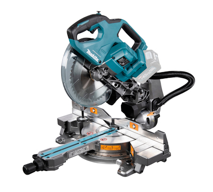 Makita kap- och geringssåg med blått och silverfärgat hus, svart handtag och synlig klinga.