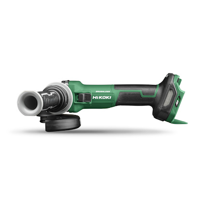 Grön och svart vinkelslip med handtag, markerad med märket "HiKOKI". Inga batterier installerade.