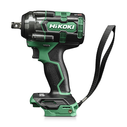 Grön och svart mutterdragare av märket HiKOKI med ergonomiskt handtag och handlovsrem, utan batteri.