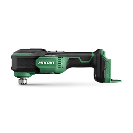 Grön och svart Hikoki multimaskin med handtag och Starlock-fäste, sidovy.