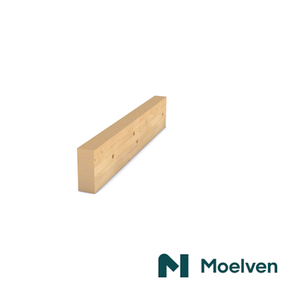 Träbalk i ljust trä med synliga träådror och en logotyp med texten "Moelven" i nedre hörnet.