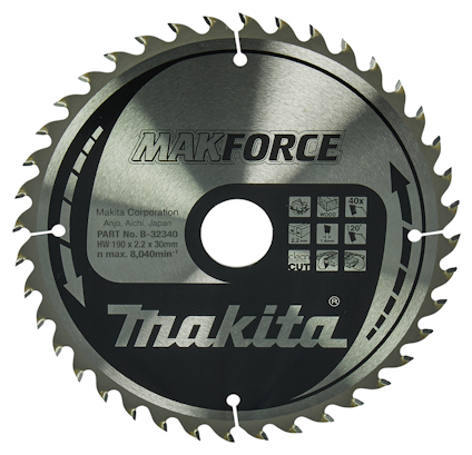 Cirkelsågklinga i metall med texten "MAKITA", "MAKFORCE" och symboler på klingan.