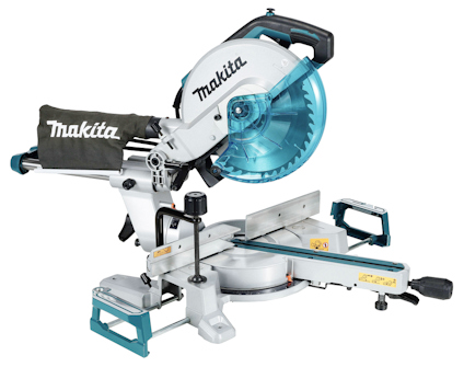 Kap- och gersåg med rund sågklinga, svart dammpåse och blå detaljer, märkt "Makita".