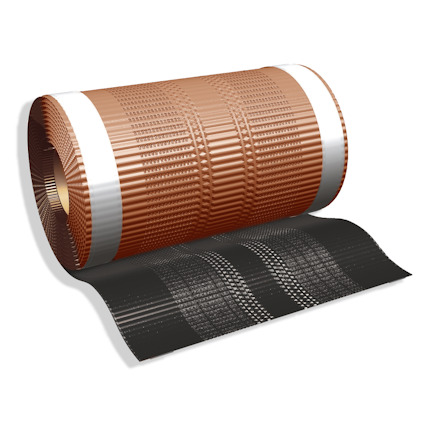 Rulle med svart och kopparfärgat material, delvis utrullad, med vita kanter.