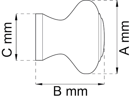 Ritning av knop med måttangivelser: A mm, B mm, C mm.