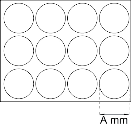 Tolv cirklar arrangerade i ett rutnät med noteringen "A mm" på en avståndslinje.