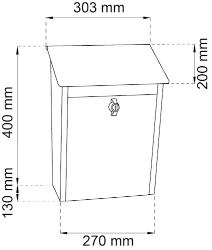 Postlåda med måtten 303 mm bred, 400 mm hög, 270 mm djup, och 200 mm övre bredd, med ett lås fram.