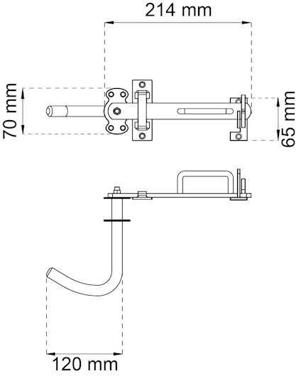 Ritning av mekanisk del med mått: 214 mm, 70 mm, 65 mm, 120 mm.