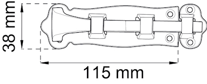 Ritning av en metallhasp med måtten 115 mm längd och 38 mm bredd, med skruvhål.