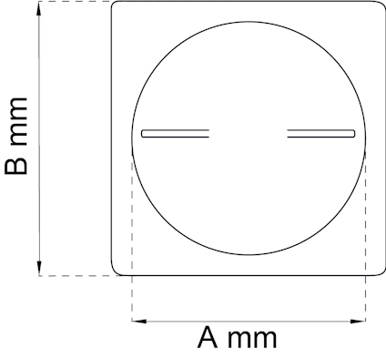 Ritning av kvadratisk platta med cirkulärt centrum, markeringar "A mm" och "B mm".