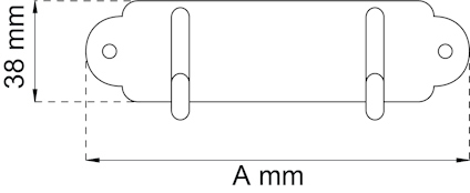 Ritning av rektangulärt objekt med två hål och en horisontell linje, mått: 38 mm hög, A mm bred.