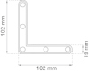 Ritning av en vinkelbeslag med måtten 102 mm x 102 mm x 19 mm.