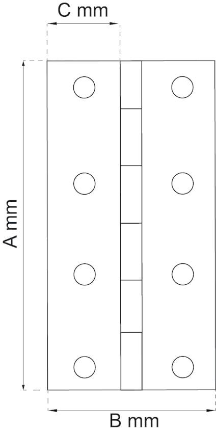 Diagram av en gångjärn med sex skruvhål, markerade mått A mm, B mm, C mm.