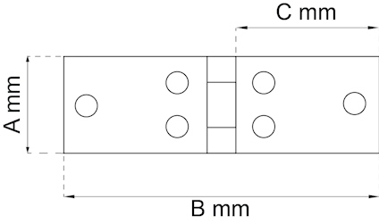 Ritning av en rektangulär gångjärn med fyra hål och måttangivelser: A mm, B mm och C mm.