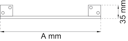 Ritning av en rektangulär metallstång med fästen i varje ände, märkta med mått A mm och 35 mm.