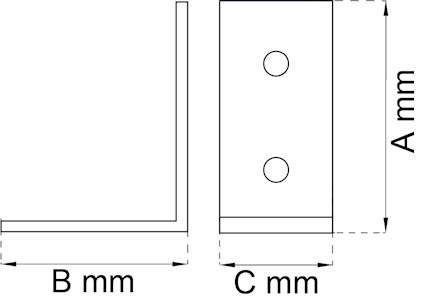 Ritning av en vinkeljärn med dimensionerna A mm, B mm och C mm, visar två hål på ena sidan.