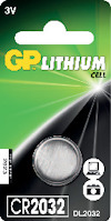 Förpackning med knappcellsbatteri CR2032, GP Lithium, 3V.